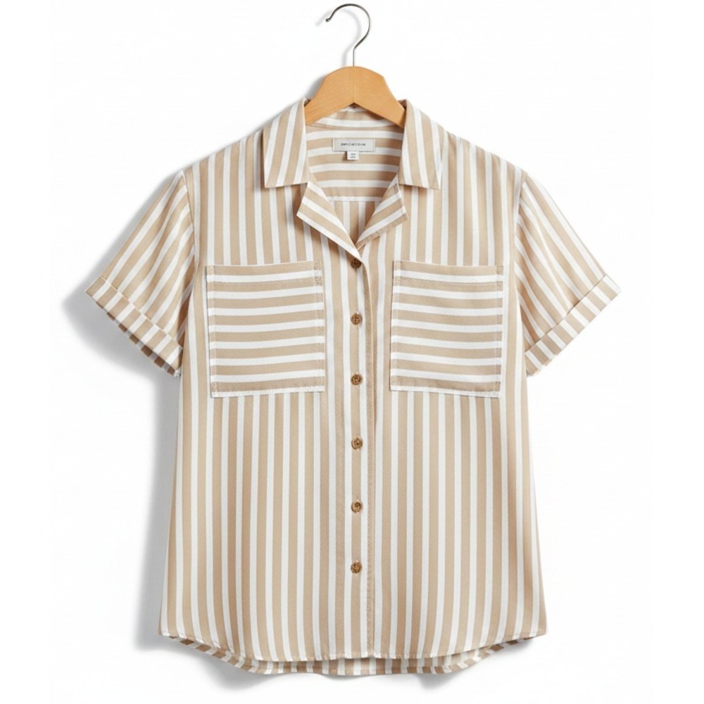 Members Mark Womens Camp Shirt Size S Cream Striped Tencel Button Front Casual